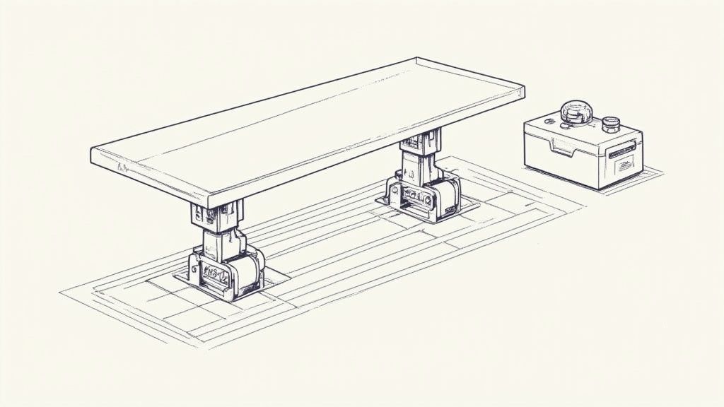 Nahaufnahme der Motoren und der Steuerung eines elektrisch höhenverstellbaren Tischgestells