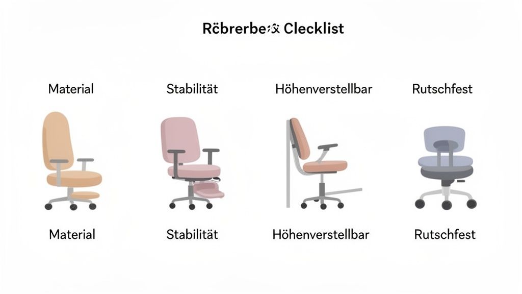 Vier Schreibtischstühle, einer davon mit Fußstütze, zeigen Merkmale wie Material, Stabilität und Höhenverstellbarkeit.