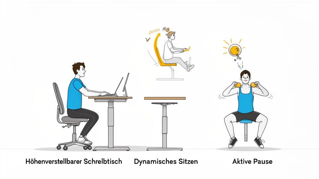 Drei Illustrationen zeigen ergonomisches Arbeiten: höhenverstellbarer Schreibtisch, dynamisches Sitzen und aktive Pausenübungen.