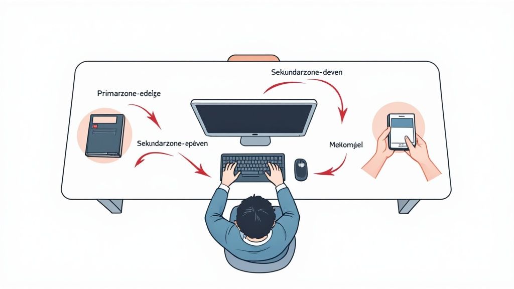 Eine Person sitzt an einem Schreibtisch mit Buch, Computer und Smartphone, verbunden in einem Workflow-Diagramm.