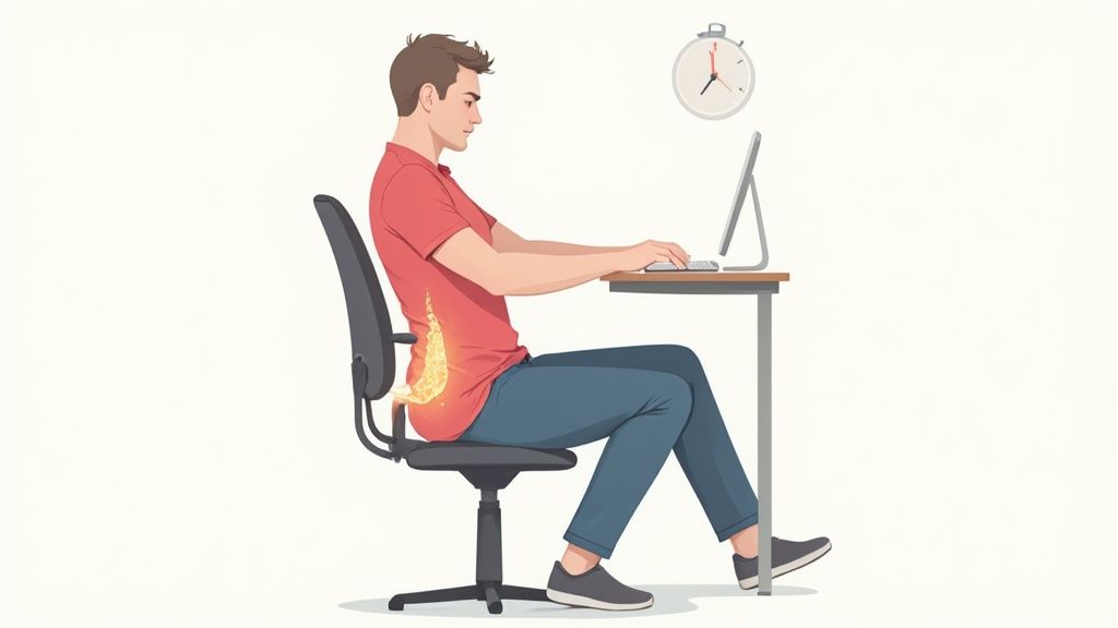 Ein Mann sitzt mit schlechter Haltung am Schreibtisch und hat Schmerzen im unteren Rückenbereich.