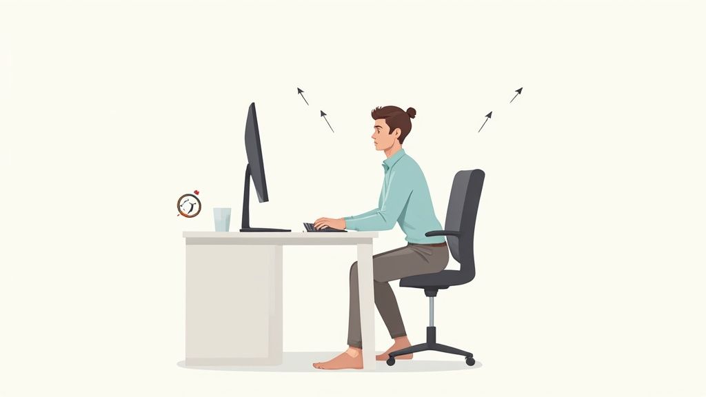 Ein Mann sitzt an einem Schreibtisch mit korrekter Haltung am Computer, Pfeile zeigen auf die aufrechte Kopfposition.