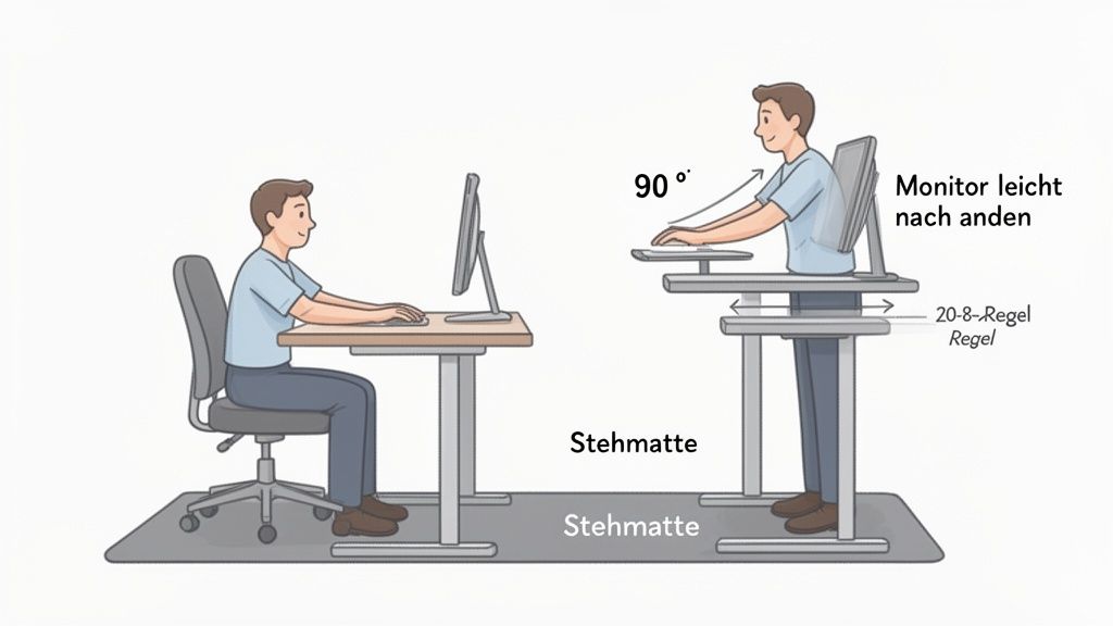 Bild zeigt ergonomische Sitz- und Stehhaltungen am Schreibtisch mit Hinweisen zur 20-8-Regel und Stehmatte.