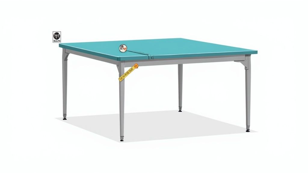 Eine Person prüft die Stabilität und Sicherheit eines elektrisch höhenverstellbaren Tischgestells.