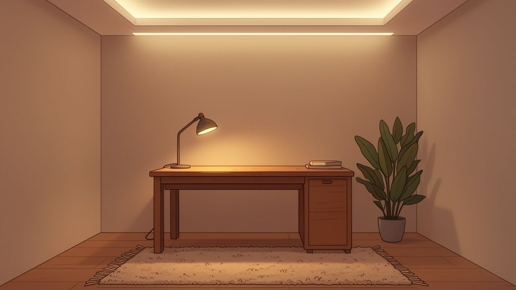 Uitnodigend werkkamer met een licht houten bureau, bureaulamp en potplant in een warme sfeer.