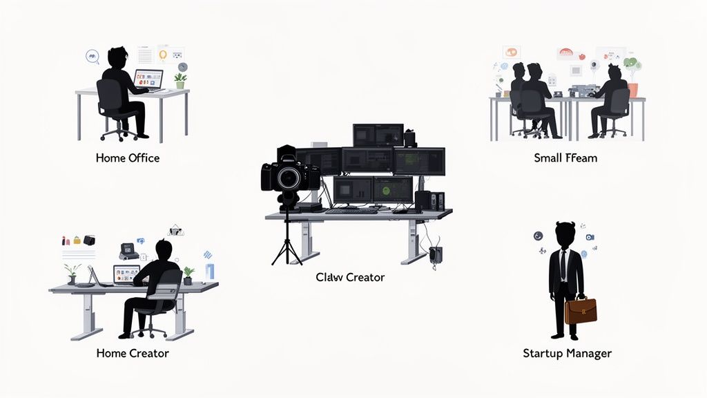 Illustrationen verschiedener Arbeitsplätze mit höhenverstellbaren Schreibtischen für Heim-, Büro- und Kreativnutzer.