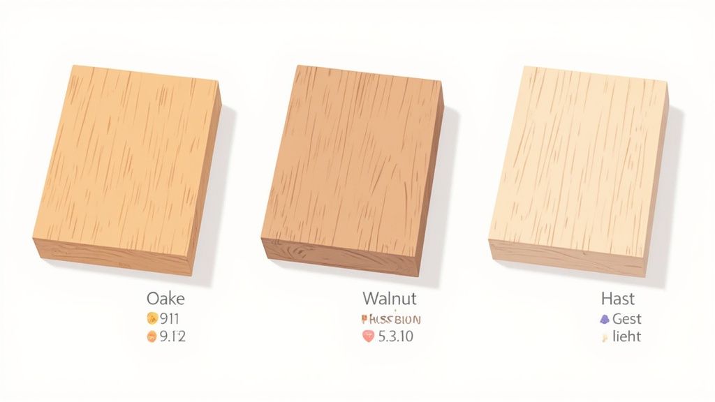 Drei Holzarten: Eiche, Walnuss und ein helles Holz, jeweils mit Namen und Details beschriftet, präsentiert auf weißem Hintergrund.
