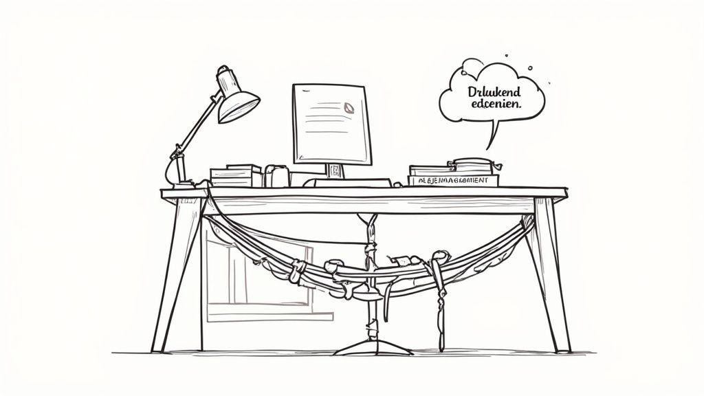 Ein Schreibtisch mit Computer, Lampe und Büchern. Darunter schläft eine Person gemütlich in einer Hängematte.