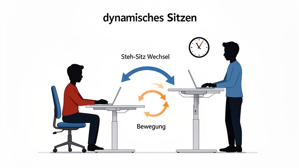 Illustration zum dynamischen Sitzen: Eine Person wechselt zwischen Sitzen am Schreibtisch und Stehen an einem Steh-Sitz-Arbeitsplatz, unterstützt durch Pfeile und eine Uhr.