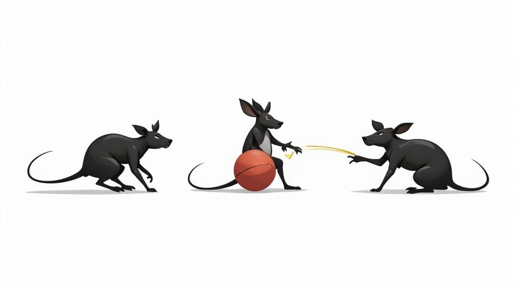 Drei schwarze Mäuse spielen Basketball, eine sitzt auf dem Ball und passt