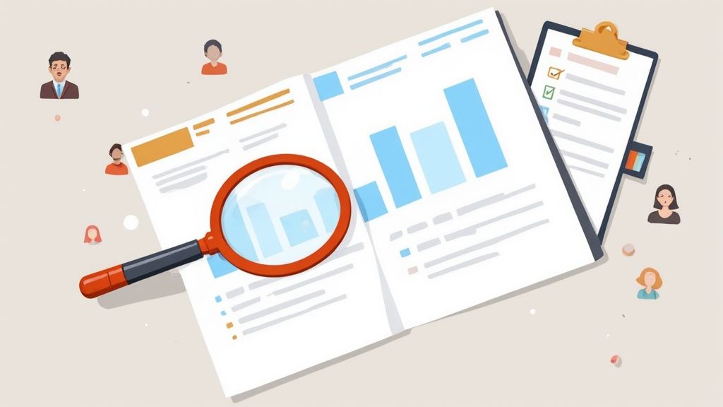 Illustration von Dokumenten mit Diagrammen, einer Lupe und Mitarbeiter-Avataren, die betriebliches Gesundheitsmanagement darstellt.
