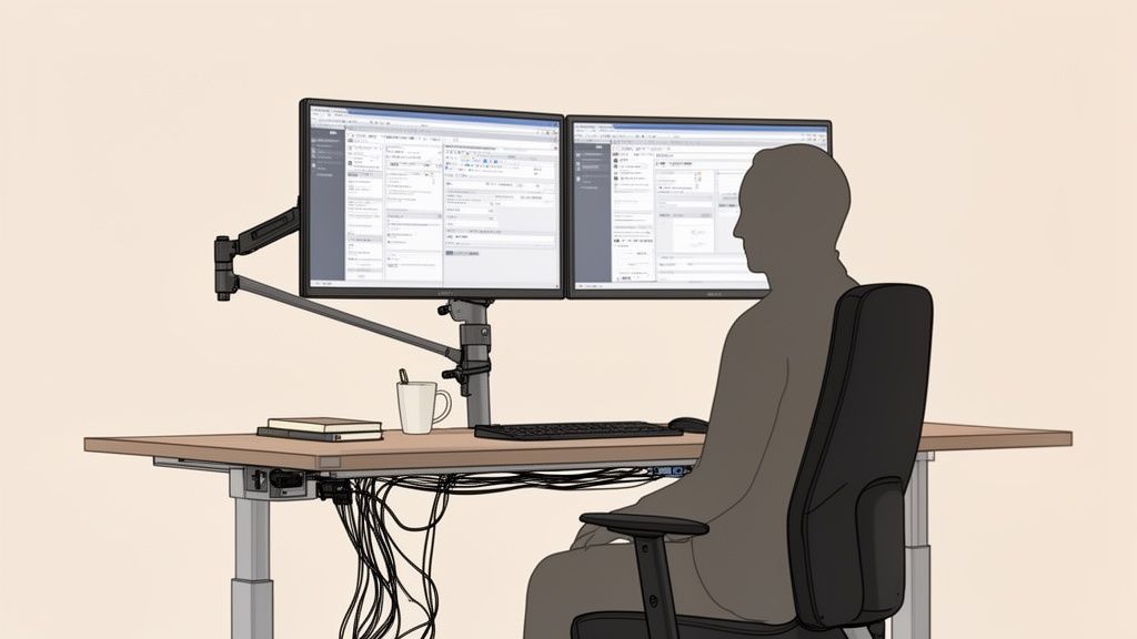 Eine Person sitzt an einem Schreibtisch mit zwei Monitoren an einer Halterung. Viele Kabel sind unter dem Tisch sichtbar.