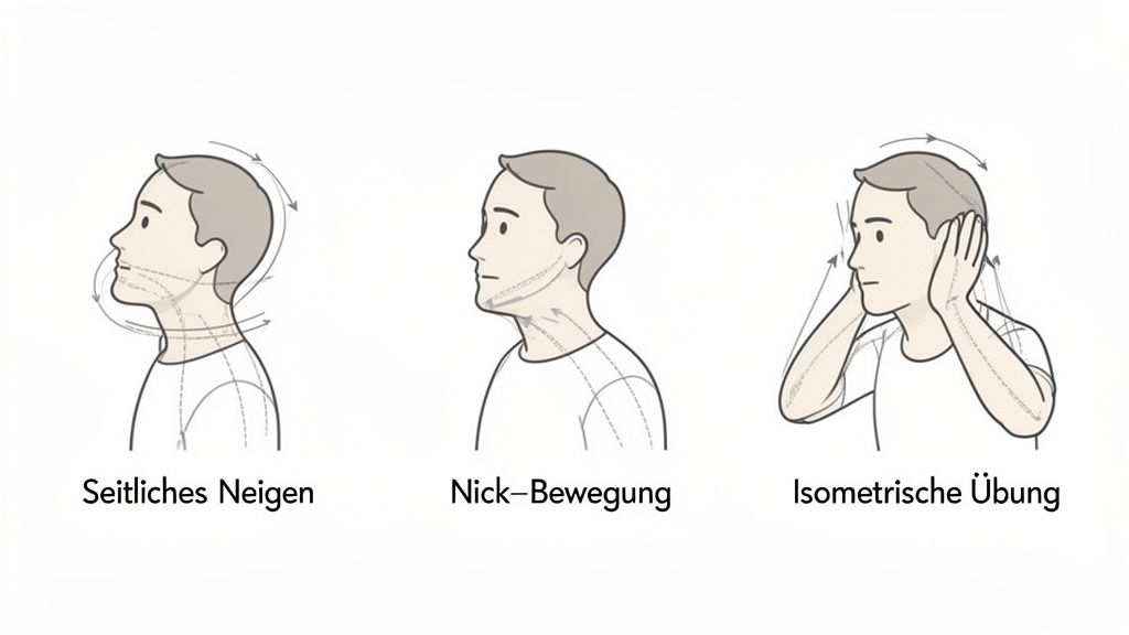 Drei illustrierte Nackenübungen: seitliches Neigen, Nick-Bewegung und eine isometrische Übung zur Linderung von Nackenverspannungen.