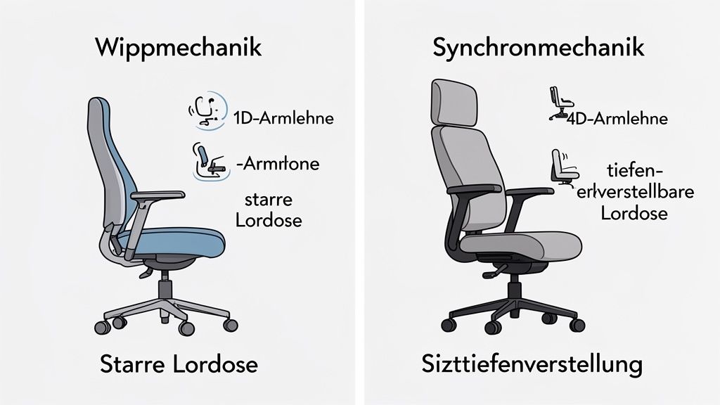 Vergleich von Bürostuhl-Mechanismen: Wippmechanik mit fester Lordose vs. Synchronmechanik mit 4D-Armlehne und verstellbarer Lordose.