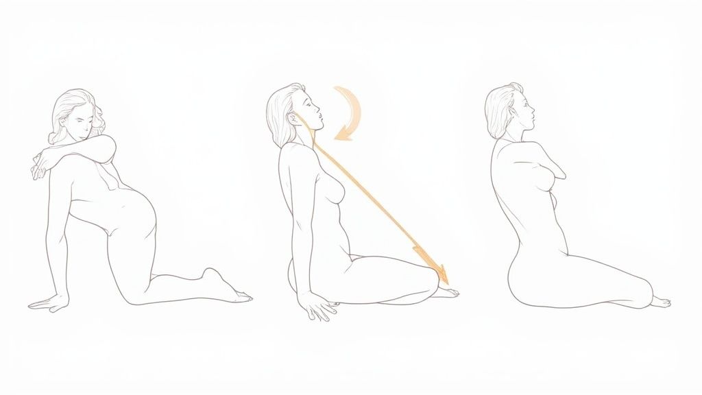 Illustration einer Frau, die eine dreistufige Rückenübung oder Dehnung vom Knien zum Sitzen durchführt.