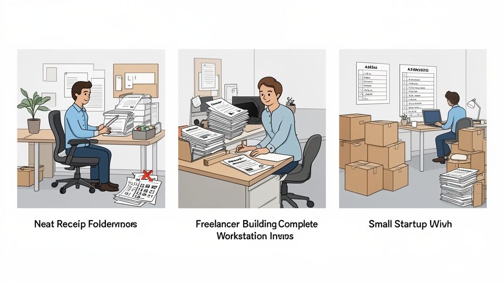 Drei Illustrationen von Büroarbeiten: Belege sortieren, Freiberufler am Schreibtisch und ein Startup-Mitarbeiter umgeben von Kartons.