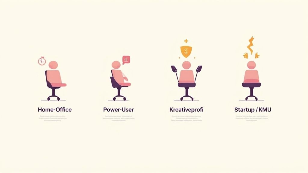 Vier illustraties tonen verschillende bureaustoel-gebruikersprofielen: thuiswerken, power-user, creatief professional en startup/mkb met bijpassende symbolen.