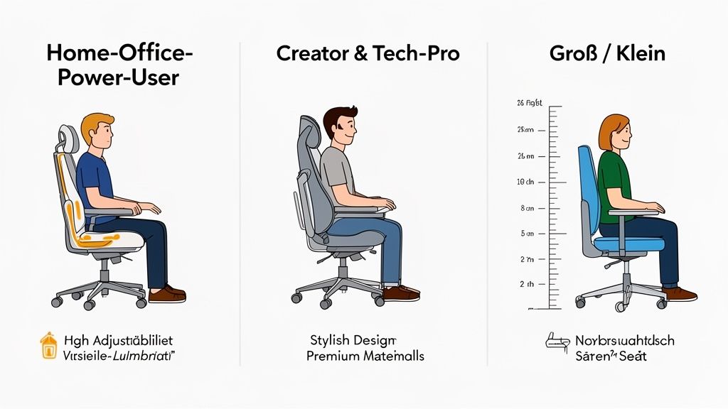 Drei ergonomische Bürostühle für verschiedene Nutzertypen: Home-Office, Creator und Größenanpassung.