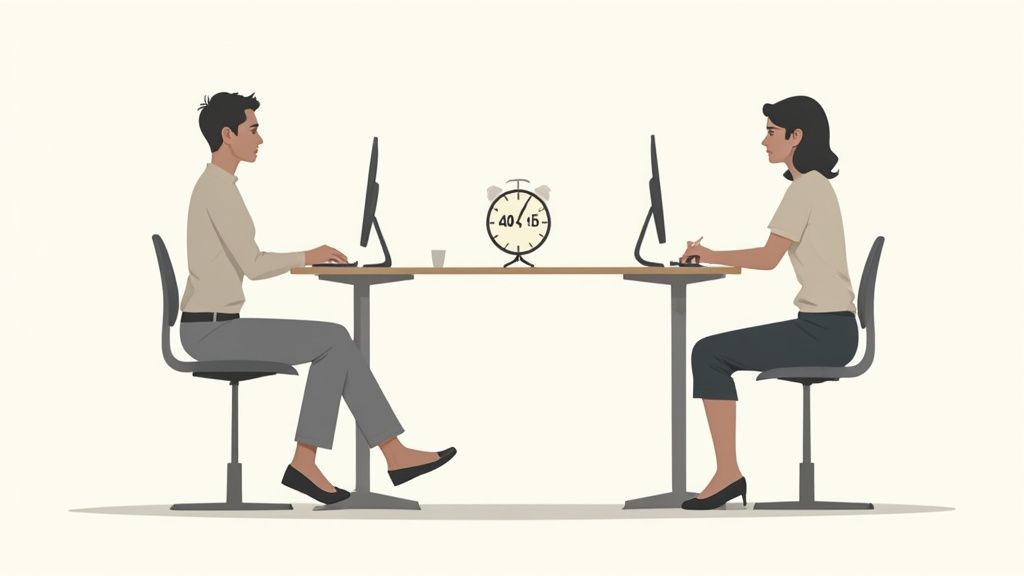 Twee personen werken aan bureaus, met een wekker die een 40-15-regel symboliseert.