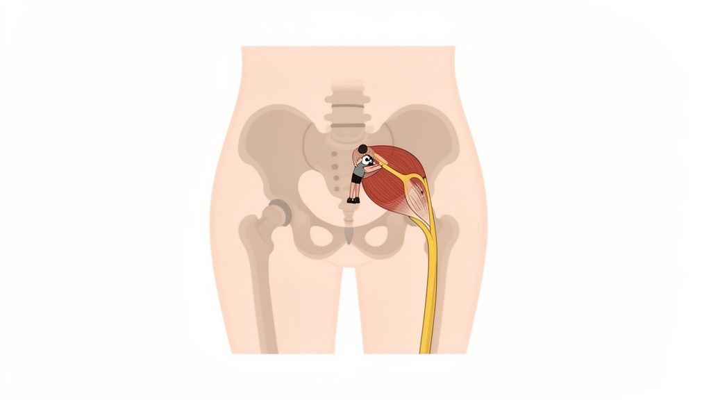 Illustration von Ischias-Schmerzen: Eine kleine Figur dehnt den Piriformis-Muskel, der auf den Ischiasnerv drückt.