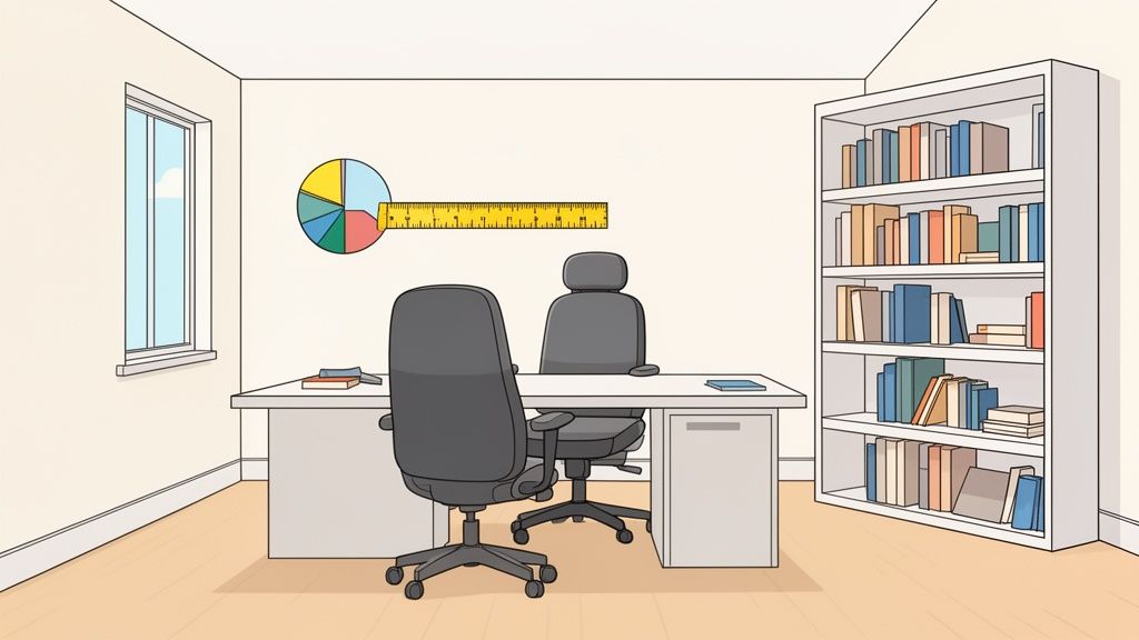 Ein eingerichtetes Home-Office mit Schreibtisch, zwei Stühlen, Bücherregal und Diagramm an der Wand.