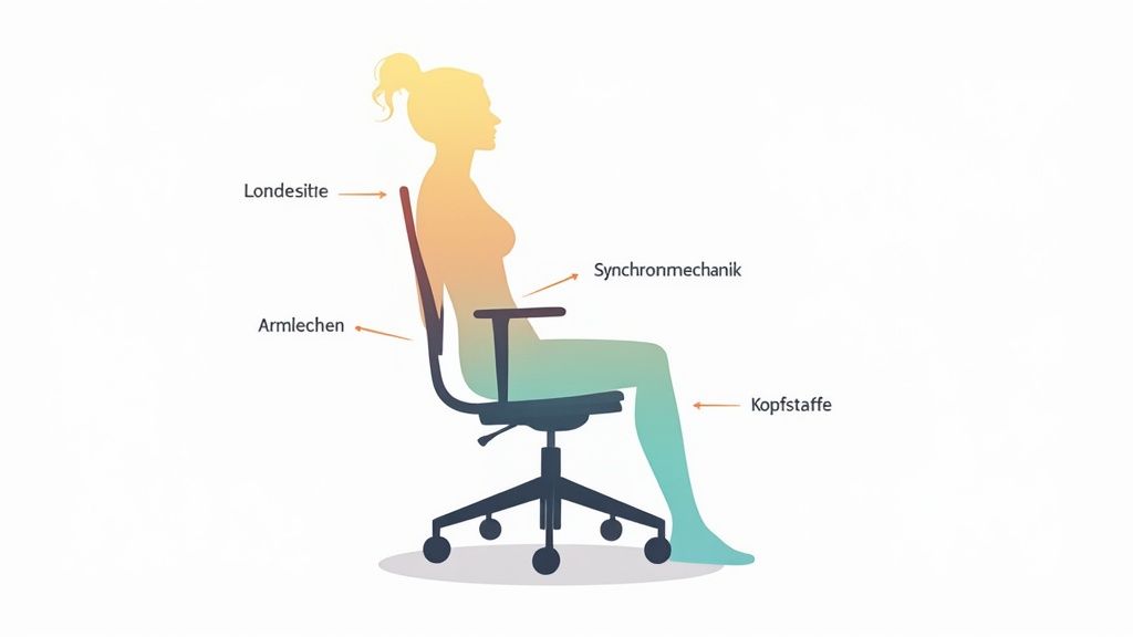 Afbeelding van een persoon op een bureaustoel die ergonomische kenmerken zoals lendensteun, armleuningen en synchronmechaniek benadrukt.