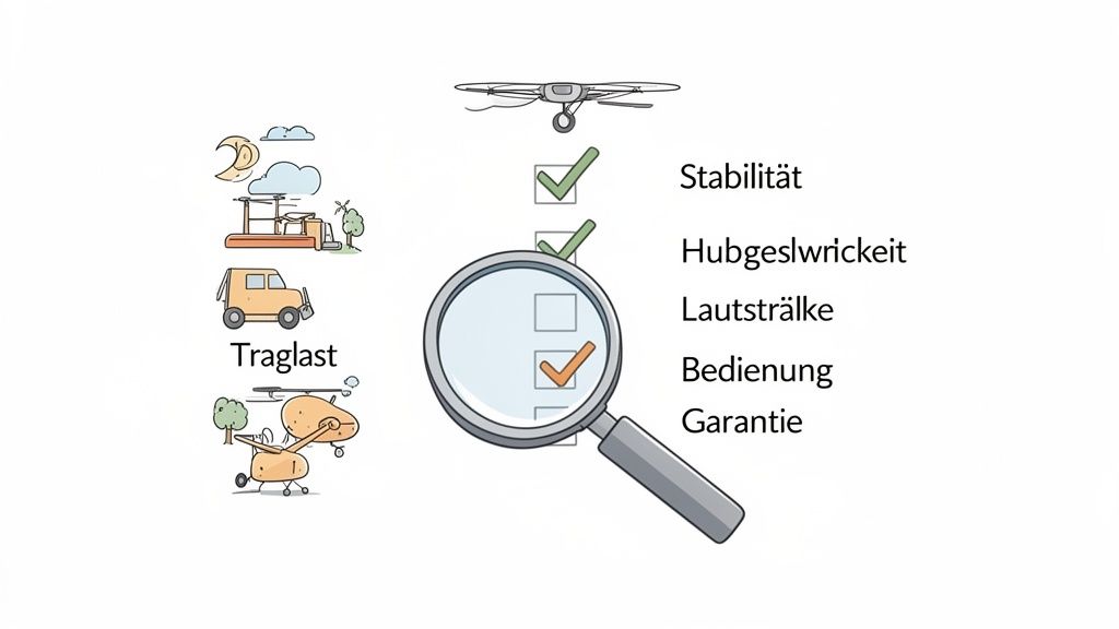 Eine Illustration zeigt eine Drohne über einer Checkliste mit Punkten wie Stabilität und Bedienung, bewertet mit Haken und einem Lupensymbol, daneben Symbole für Traglast.