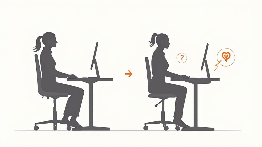 Illustration einer Frau am Schreibtisch, die den Unterschied zwischen guter und schlechter Körperhaltung zeigt.