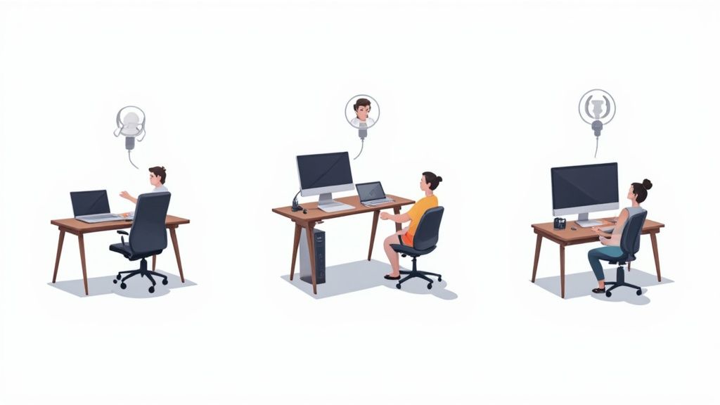 Drei Menschen sitzen an ihren Schreibtischen mit Computern und kommunizieren virtuell, symbolisierend Homeoffice-Szenarien.