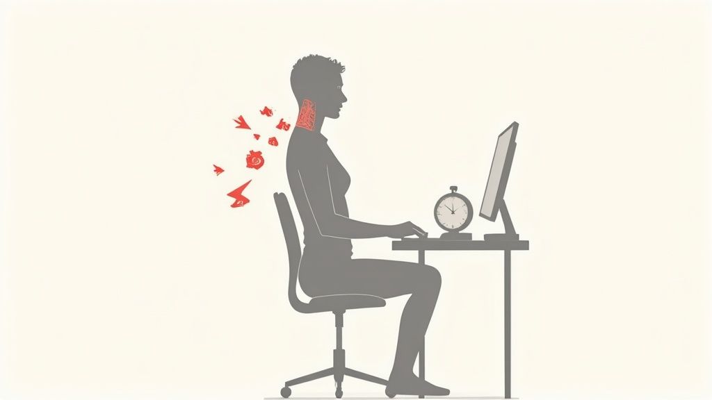 Silhouette einer Person am Computer mit Nackenschmerzen, dargestellt durch rote Schmerzsymbole.