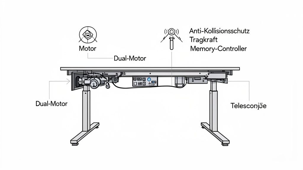 Technische Ansicht eines elektrisch höhenverstellbaren Tischgestells mit Dual-Motor, Kollisionsschutz und Memory-Controller.