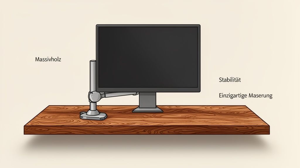 Massivholz-Schreibtischplatte mit Monitor und Monitorarm, hervorgehoben durch Stabilität und einzigartige Maserung.