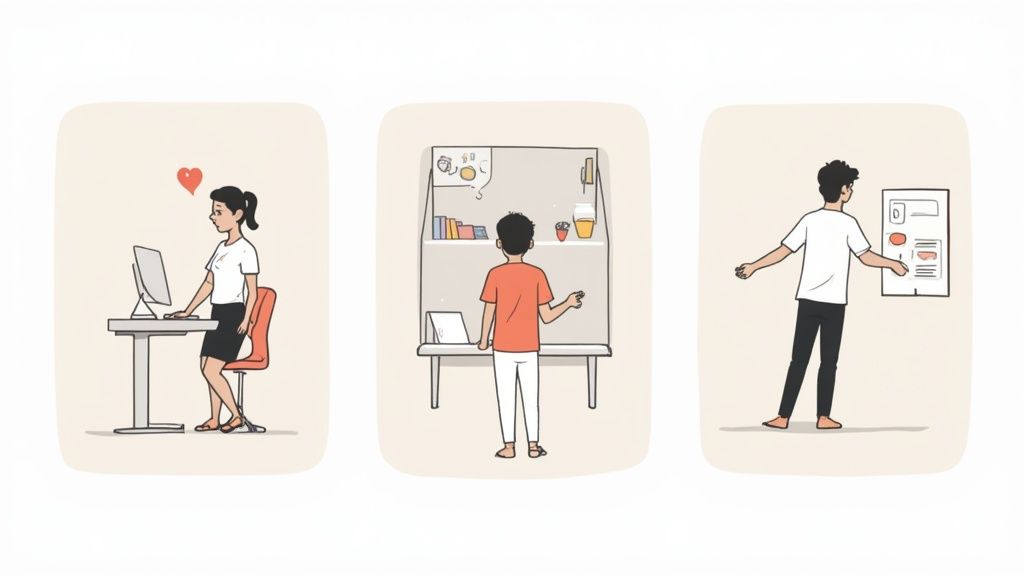 Ein sauber eingerichteter höhenverstellbarer Schreibtisch L-Form mit zwei Monitoren, der die Vorteile von Ergonomie und Raummanagement zeigt.