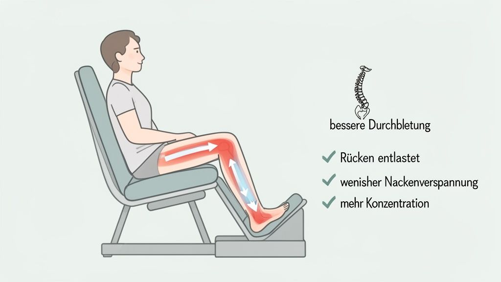 Illustratie van een persoon in een ergonomische stoel met voetensteun, die betere doorbloeding en rugondersteuning toont.