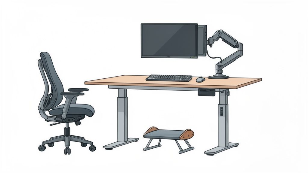 Ergonomischer Arbeitsplatz mit höhenverstellbarem Schreibtisch, zwei Monitoren, ergonomischem Bürostuhl und Fußstütze.