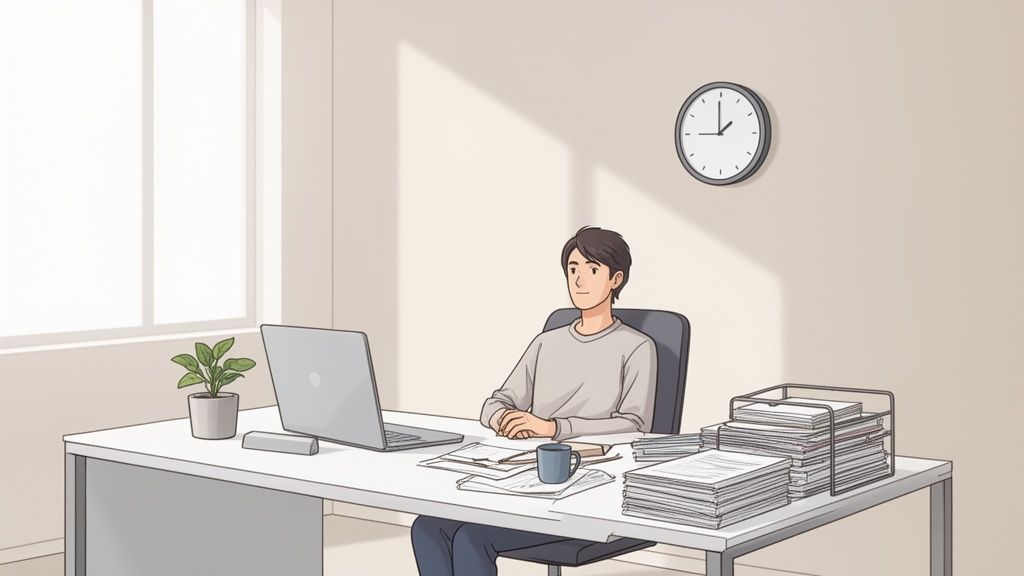 Ein Mann sitzt an einem Schreibtisch mit Laptop, Papieren und einer Pflanze, konzentriert arbeitend.