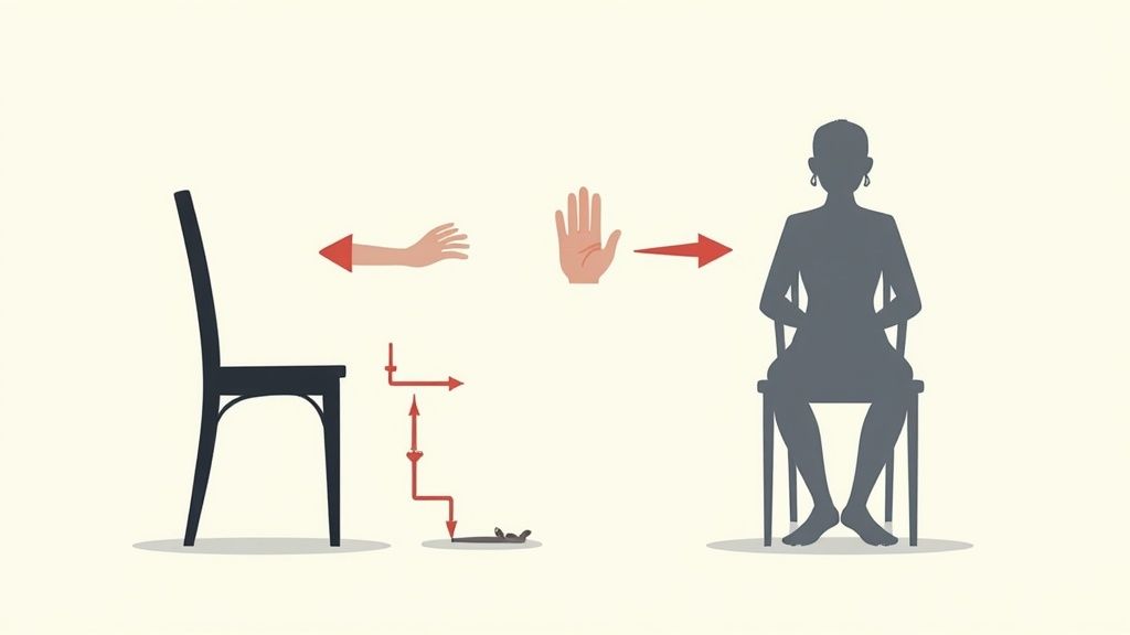 Illustration zeigt richtige ergonomische Sitzhaltung auf einem Bürostuhl mit Anweisungen zur korrekten Positionierung