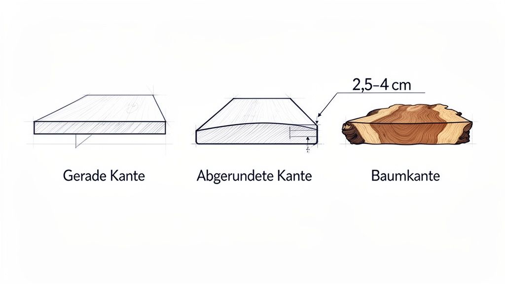Drei Illustrationen von Tischplatten-Kanten: gerade, abgerundet und Naturkante (Baumkante) mit Maßangaben.