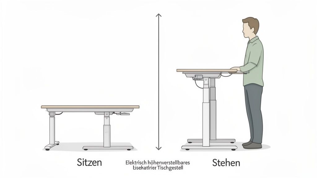 Diagramm zeigt elektrisch höhenverstellbares Tischgestell, nutzbar im Sitzen und Stehen für ergonomisches Arbeiten.