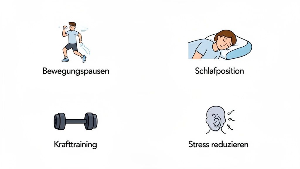 Vier Illustrationen zeigen Tipps für Gesundheit: Bewegungspausen, Schlafposition, Krafttraining und Stress reduzieren.