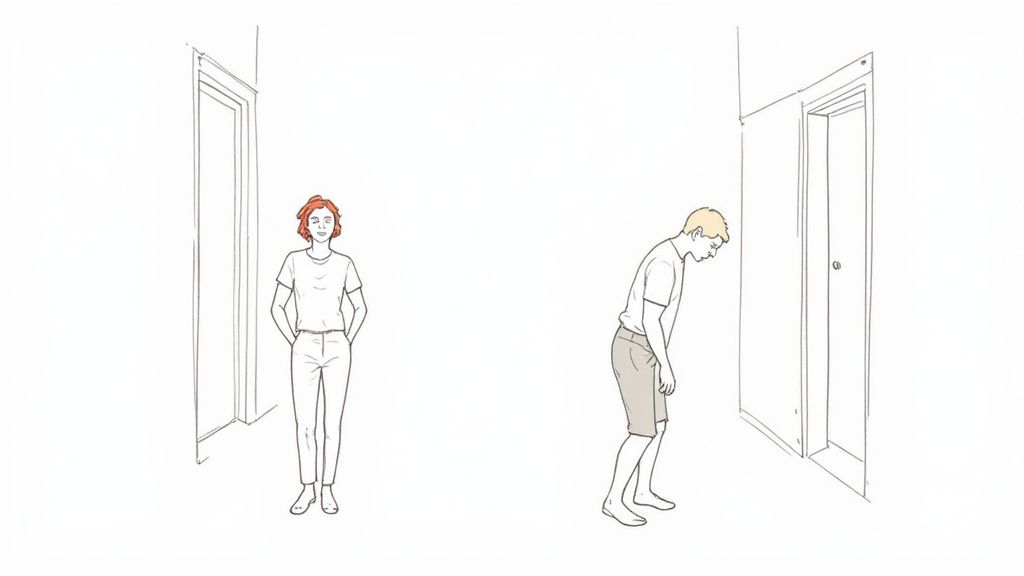 Strichzeichnung einer Frau, die aufrecht steht, und eines Mannes, der sich bückt, möglicherweise aufgrund von Rückenschmerzen.