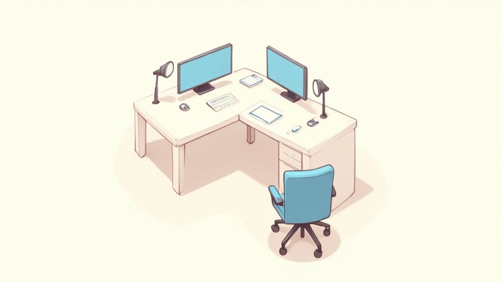 Ein gut geplantes, aufgeräumtes L-förmiges Schreibtisch-Setup mit mehreren Monitoren und organisierten Kabeln.