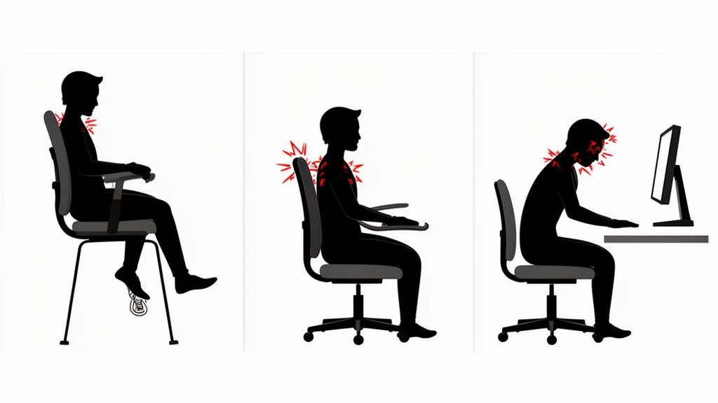 Drie illustraties tonen verkeerde zithoudingen en de daaruit voortvloeiende nek- en rugpijn.
