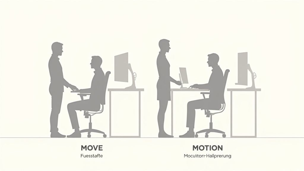 Illustratie van ergonomische werkplekken met staande en zittende personen die beweging aan het bureau bevorderen.