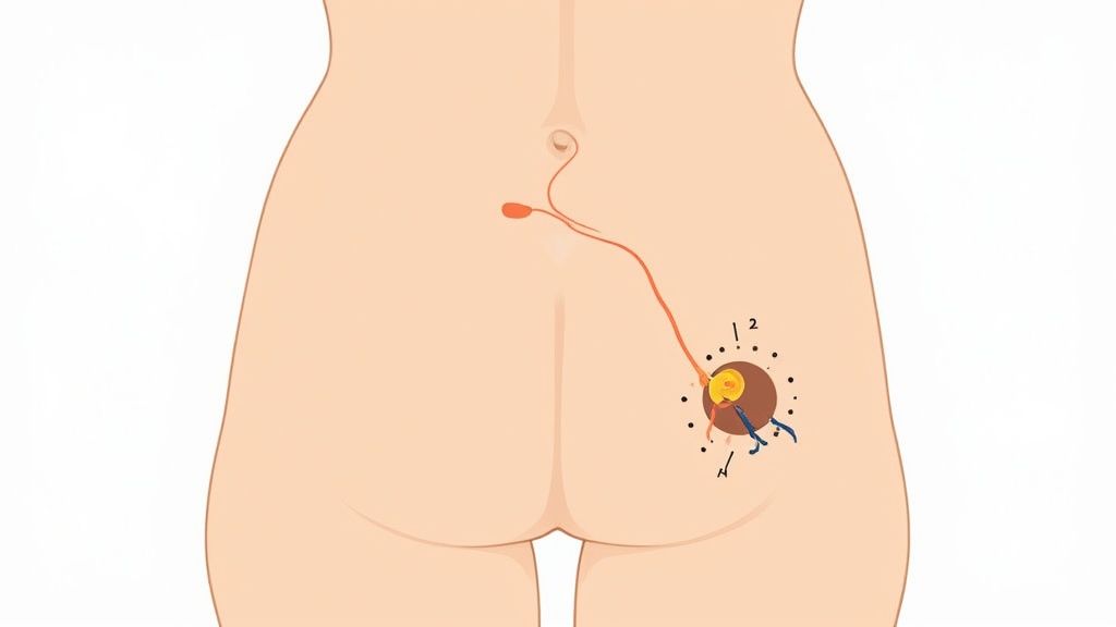 Diagramm eines Nervenstimulationsgeräts, das im Gesäß implantiert ist, mit einer Elektrode, die zum unteren Rücken führt.