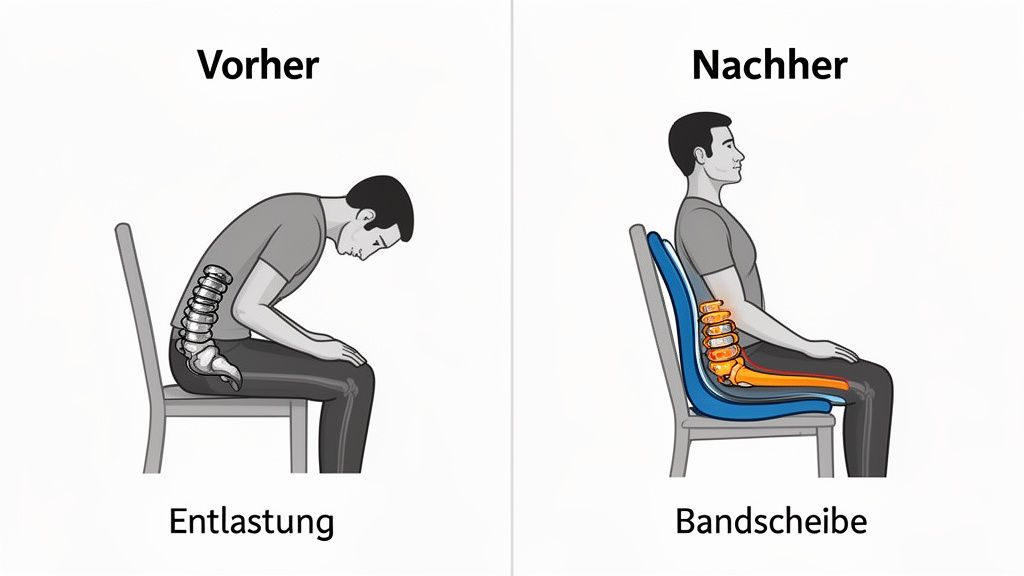 Diagramm: Vergleich von schlechter und guter Sitzhaltung mit Lordosenstütze zur Bandscheibenentlastung.