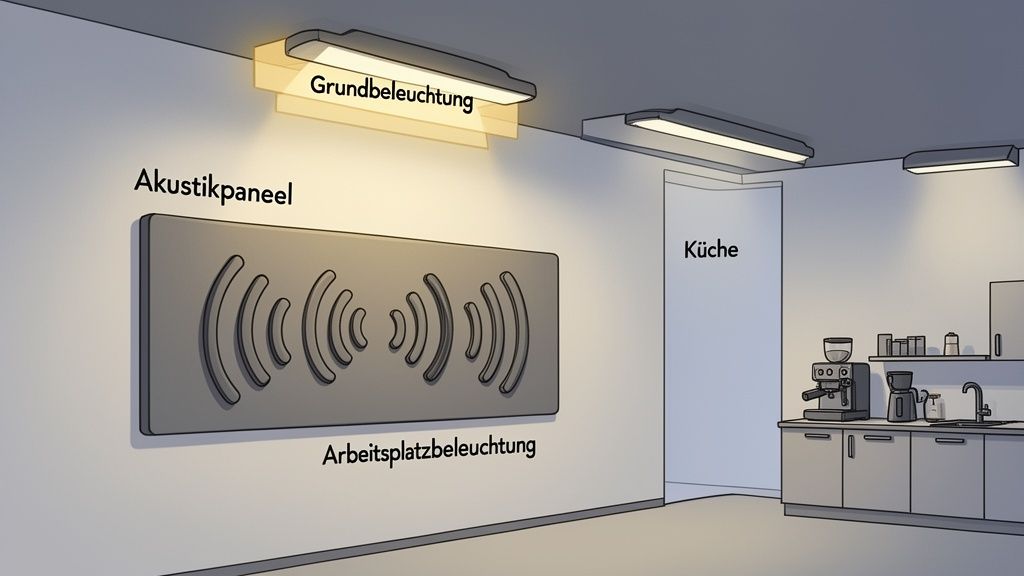 Modernes Büro mit Grundbeleuchtung, Akustikpaneel, Arbeitsplatzbeleuchtung und einer kleinen Küche.