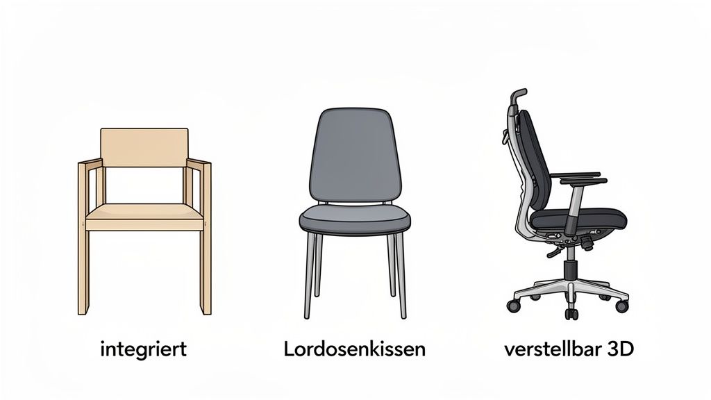 Drei Stühle: ein Holzstuhl mit integrierter Lehne, ein Polsterstuhl mit Lordosenkissen und ein ergonomischer Bürostuhl mit 3D-verstellbarer Rückenlehne.