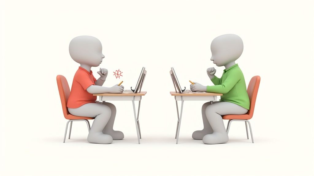 Person arbeitet an einem ergonomisch eingestellten höhenverstellbaren Schreibtisch