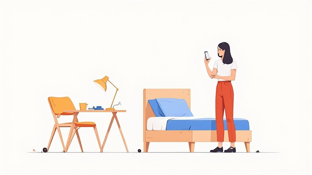 Eine Frau schaut auf ihr Handy in einem minimalistischen Zimmer mit Bett, Schreibtisch und Lampe.